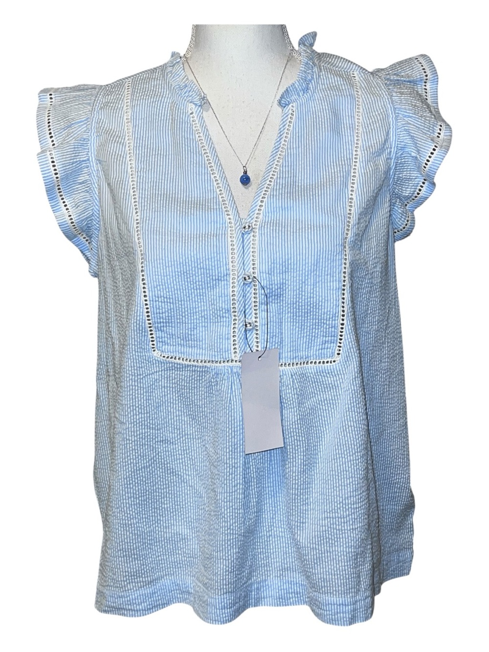 Wyse women’s blue & white striped flutter sleeve blouse with ladder-stitch NWT
